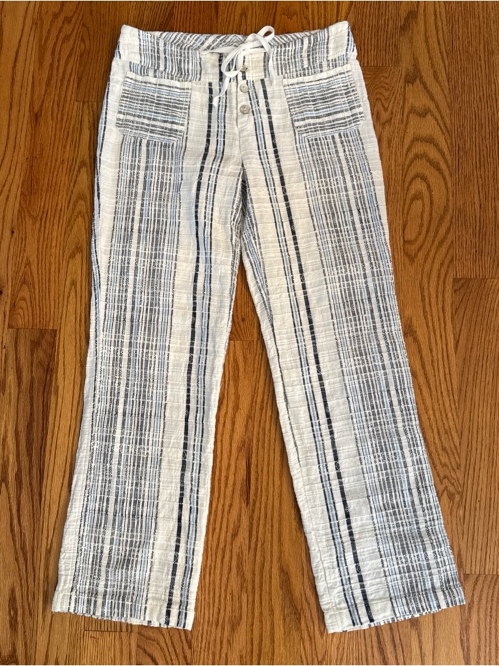 Sundance Navy and Cream Striped Linen-Blend Drawstring Trousers